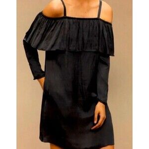 Women’s Wilfred Aritzia Brosset Cold Shoulder Black Satin Ruffle Dress Size XS